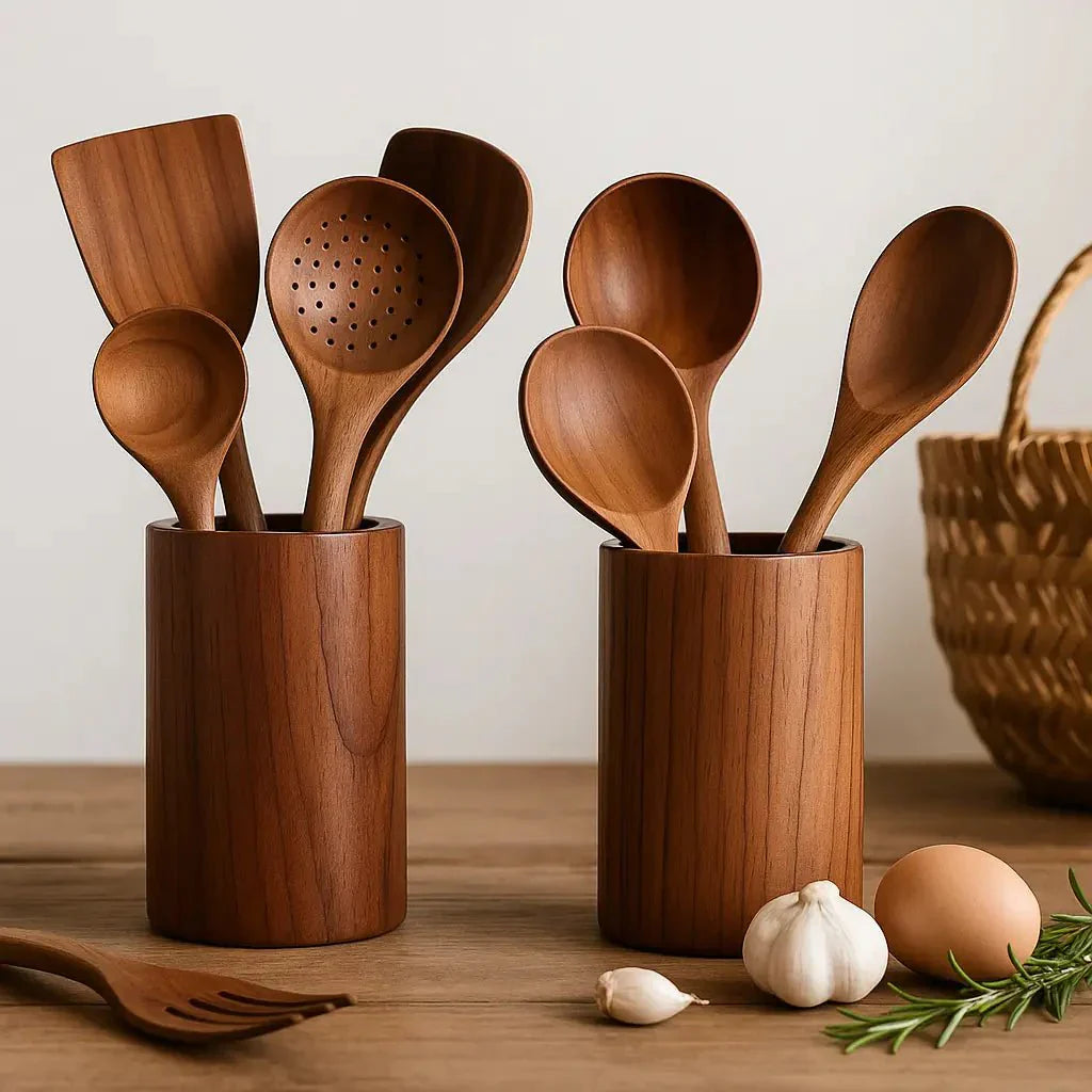 Acacia Wood Utensil Holder and Spoon Rest Set