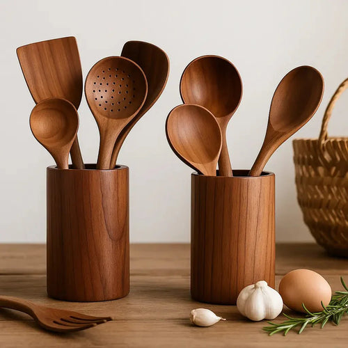 Acacia Wood Utensil Holder and Spoon Rest Set