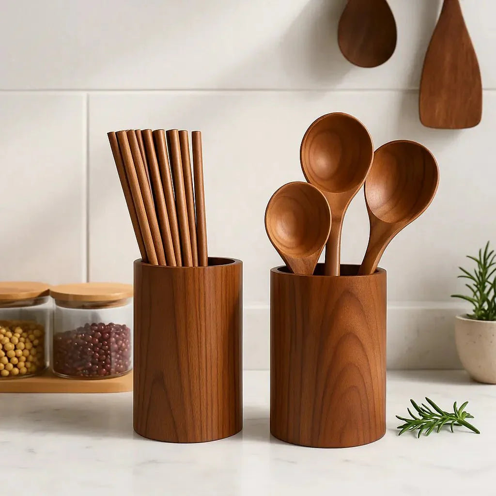 Acacia Wood Utensil Holder and Spoon Rest Set